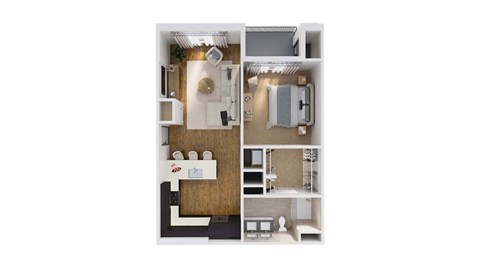 A white floor plan of a small apartment with a kitchen, living room, and bathroom.